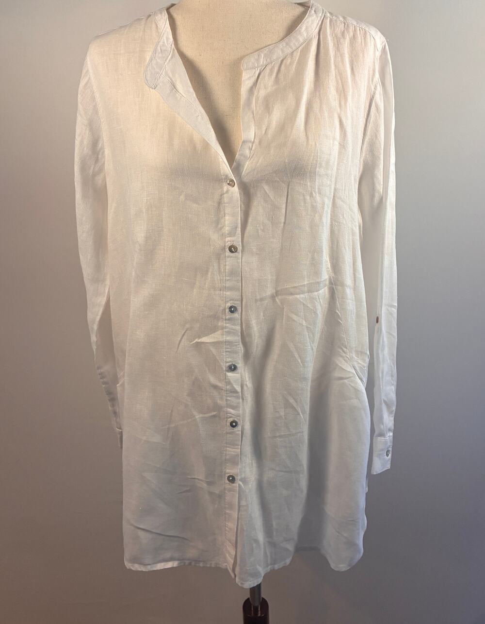 Sigrid Olsen 100% Linen Tunic Top Large White Long Sleeve Button Front Pockets